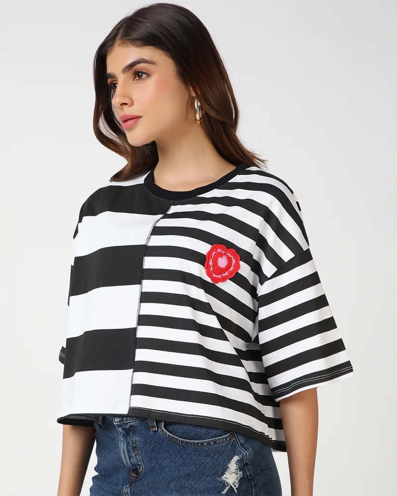 bewakoof Women's Bright White & Black Striped Oversized Crop T-shirt